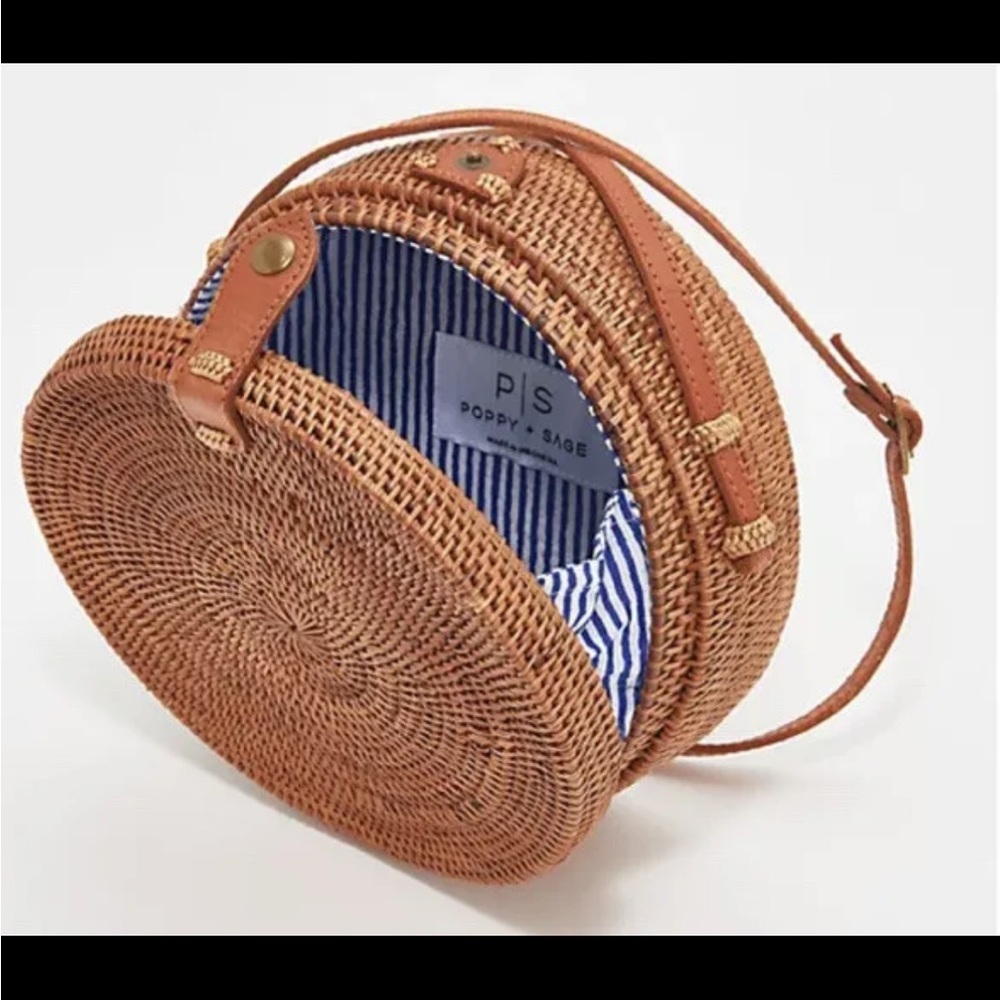 Poppy & Sage Rattan Woven Circle Crossbody Bag In Brown